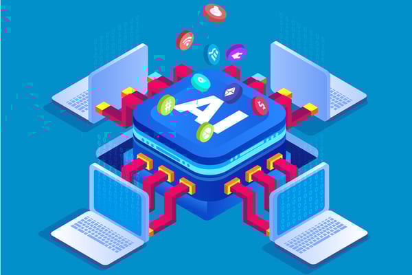 Square central AI box connected to laptops 